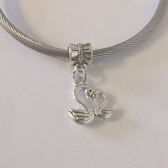 Silver Swans Dangle Charm for Pandora Style Bracelet - Picture 4 of 4